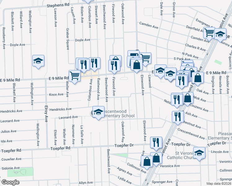 map of restaurants, bars, coffee shops, grocery stores, and more near 22150 Firwood Avenue in Eastpointe