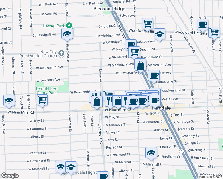 map of restaurants, bars, coffee shops, grocery stores, and more near 555 West Breckenridge Street in Ferndale