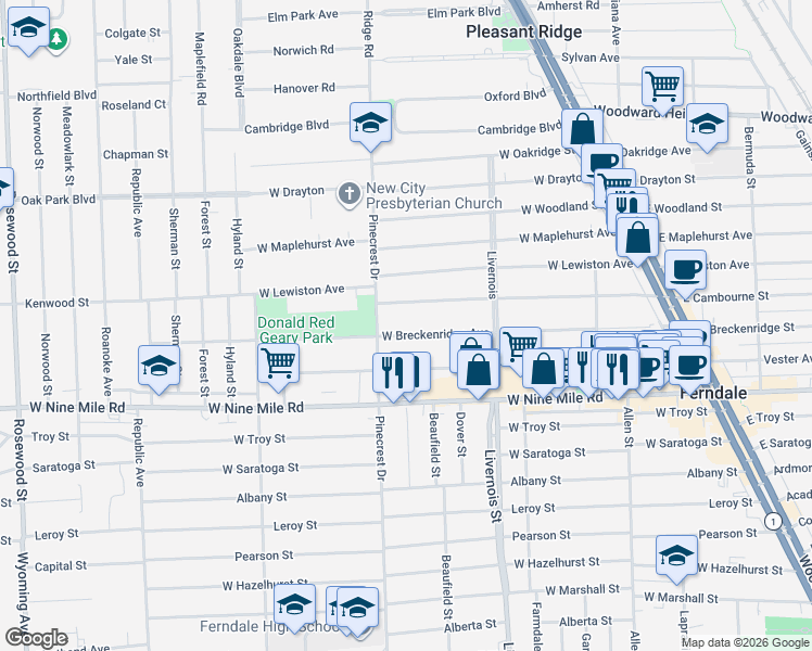 map of restaurants, bars, coffee shops, grocery stores, and more near 815 West Breckenridge Street in Ferndale