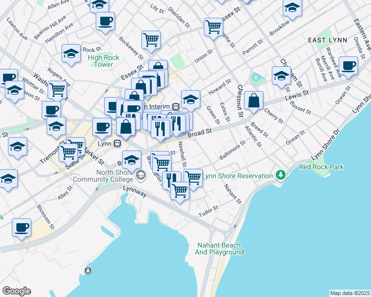 map of restaurants, bars, coffee shops, grocery stores, and more near 30 Newhall Street in Lynn