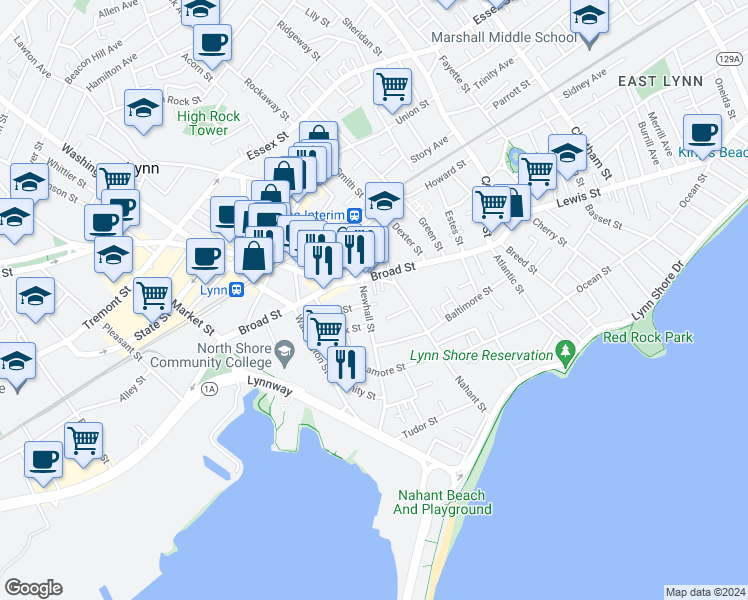 map of restaurants, bars, coffee shops, grocery stores, and more near 30 Newhall Street in Lynn