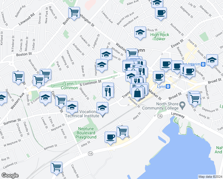 map of restaurants, bars, coffee shops, grocery stores, and more near 10 Church Street in Lynn