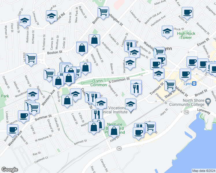 map of restaurants, bars, coffee shops, grocery stores, and more near 31 Warren Street in Lynn