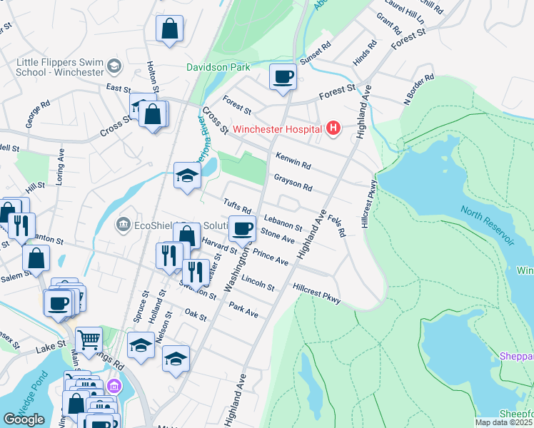 map of restaurants, bars, coffee shops, grocery stores, and more near 4 Stone Avenue in Winchester