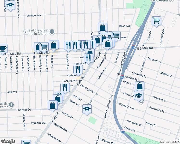 map of restaurants, bars, coffee shops, grocery stores, and more near 22240 Kelly Road in Eastpointe