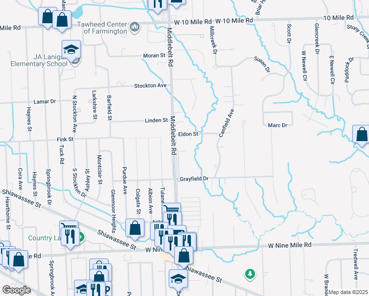 map of restaurants, bars, coffee shops, grocery stores, and more near 23076 Middlebelt Road in Farmington Hills