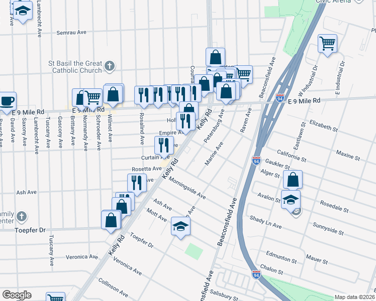 map of restaurants, bars, coffee shops, grocery stores, and more near 22240 Kelly Road in Eastpointe