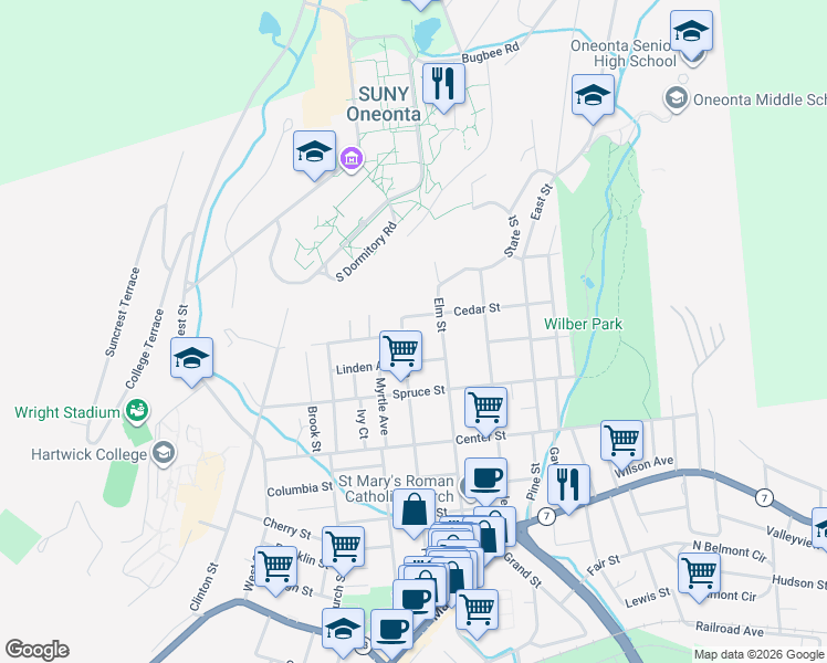 map of restaurants, bars, coffee shops, grocery stores, and more near 31 Linden Avenue in Oneonta