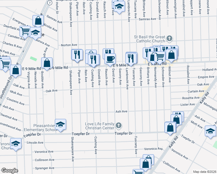 map of restaurants, bars, coffee shops, grocery stores, and more near 22148 Rausch Avenue in Eastpointe