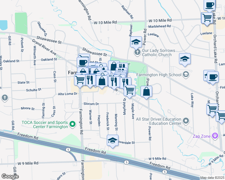 map of restaurants, bars, coffee shops, grocery stores, and more near 32777 Grand River Avenue in Farmington