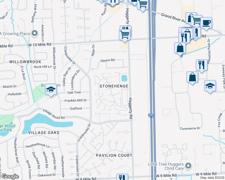 map of restaurants, bars, coffee shops, grocery stores, and more near 23603 North Rockledge in Novi