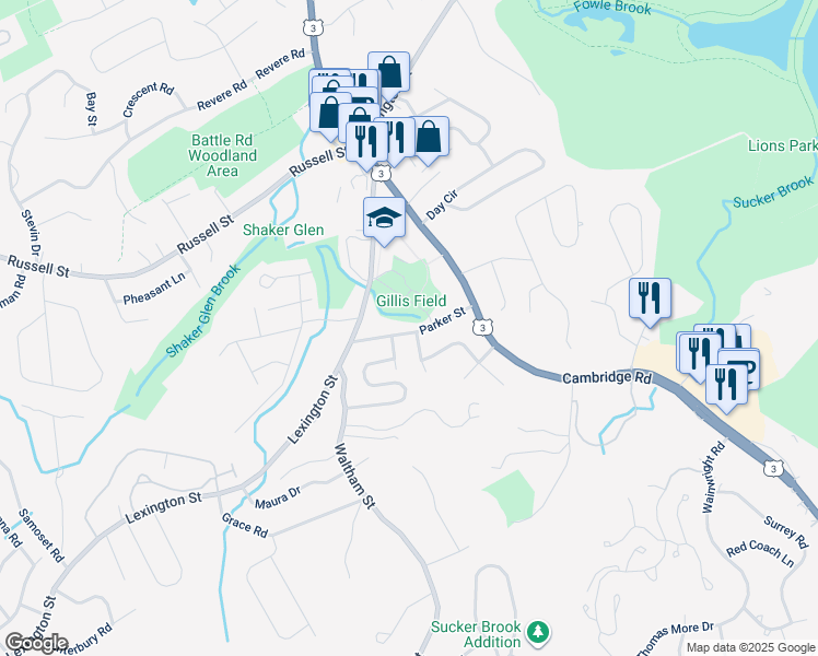 map of restaurants, bars, coffee shops, grocery stores, and more near 21 Parker Street in Woburn