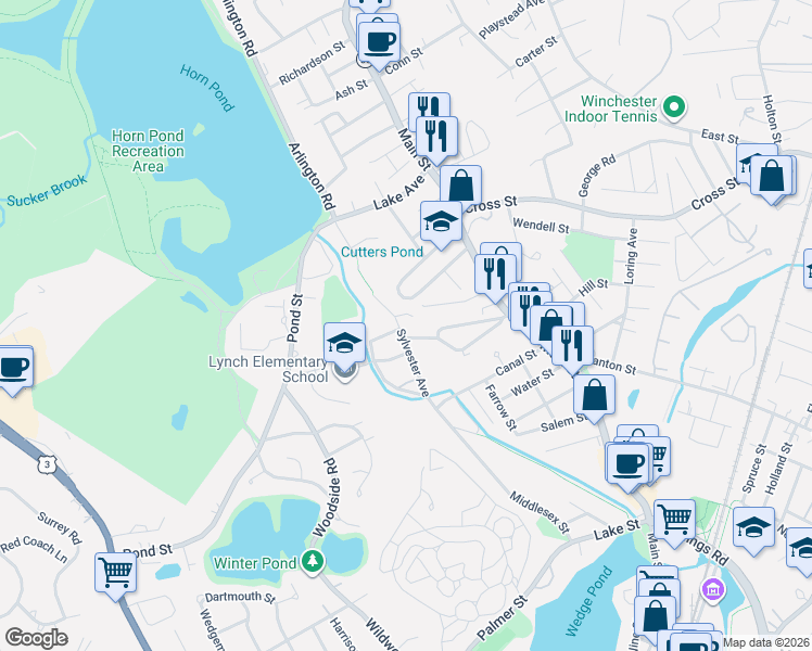 map of restaurants, bars, coffee shops, grocery stores, and more near 96 Sylvester Avenue in Winchester