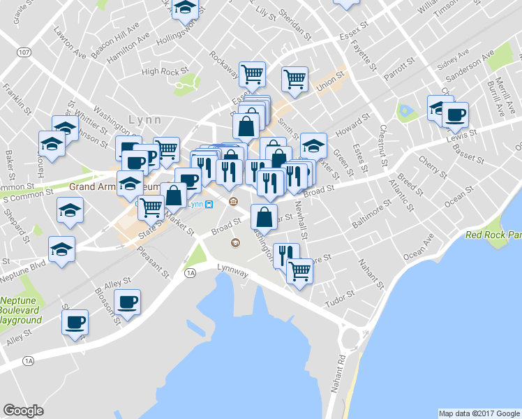 map of restaurants, bars, coffee shops, grocery stores, and more near 206 Broad St in Lynn