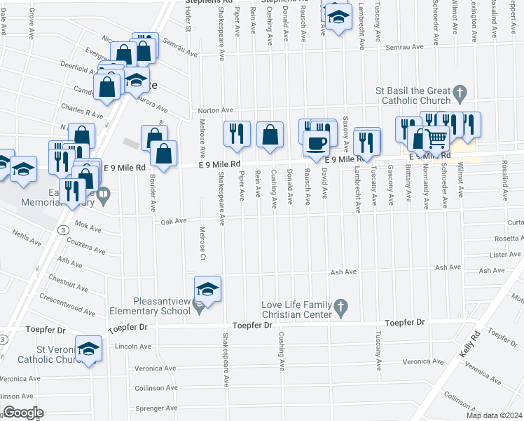 map of restaurants, bars, coffee shops, grocery stores, and more near 22416 Rein Avenue in Eastpointe