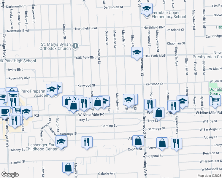map of restaurants, bars, coffee shops, grocery stores, and more near 23211 Oneida Street in Oak Park