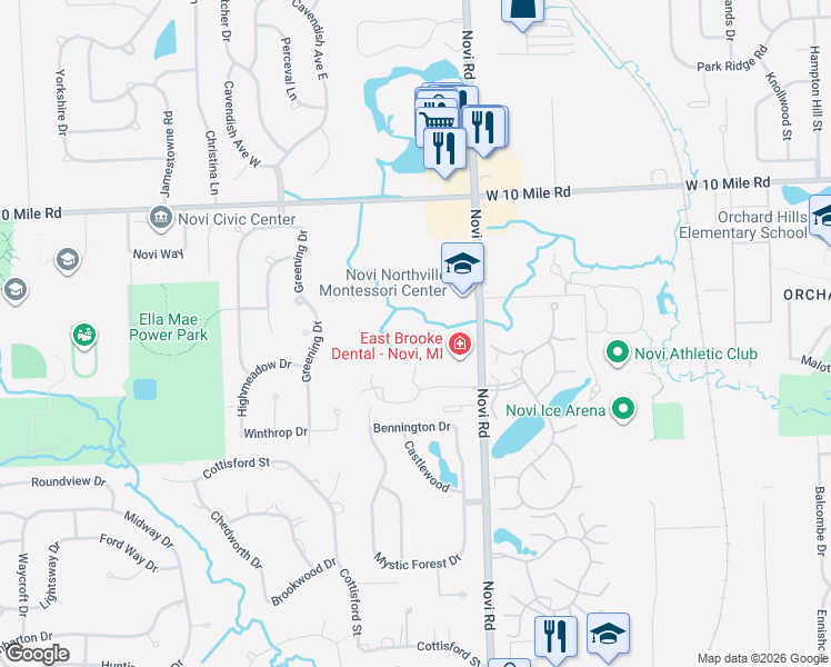 map of restaurants, bars, coffee shops, grocery stores, and more near 43610 Wendingo Court in Novi