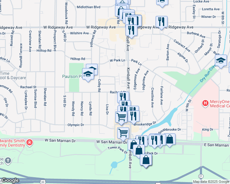 map of restaurants, bars, coffee shops, grocery stores, and more near Rachael St & Pheasant Ln in Waterloo