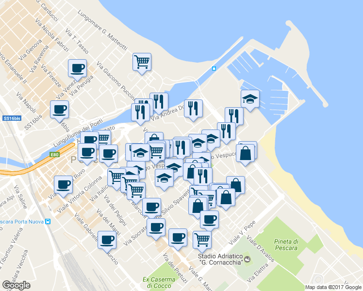 map of restaurants, bars, coffee shops, grocery stores, and more near 21 Via Francesco Caracciolo in Pescara