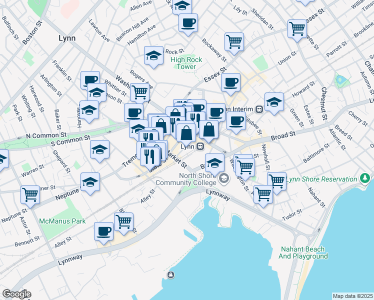 map of restaurants, bars, coffee shops, grocery stores, and more near 180 Market Street in Lynn