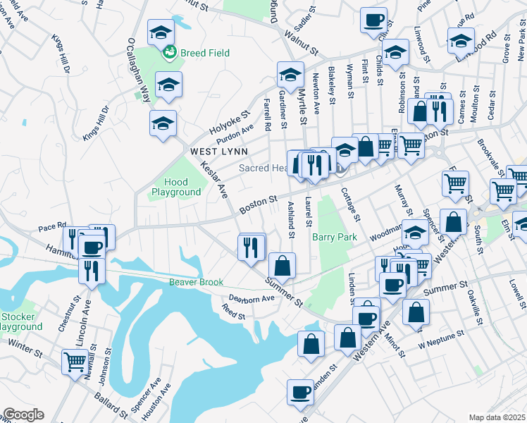 map of restaurants, bars, coffee shops, grocery stores, and more near 37 Ridge Avenue in Lynn