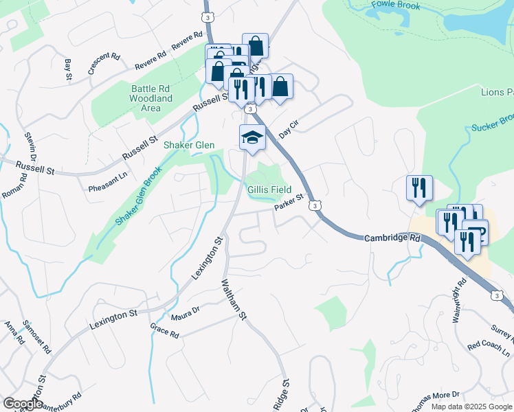 map of restaurants, bars, coffee shops, grocery stores, and more near 1 Highview Road in Woburn