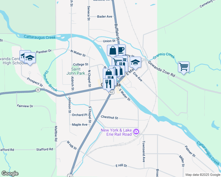 map of restaurants, bars, coffee shops, grocery stores, and more near 39 Jamestown Street in Gowanda