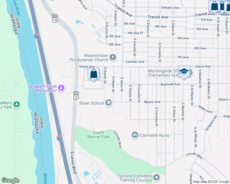 map of restaurants, bars, coffee shops, grocery stores, and more near 2600-2700 S Helen St in Sioux City