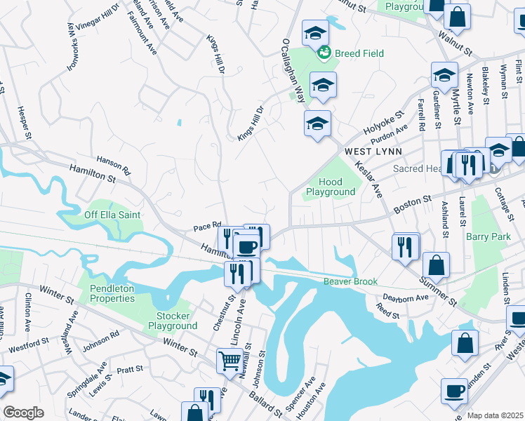 map of restaurants, bars, coffee shops, grocery stores, and more near 1 Glen Court in Lynn
