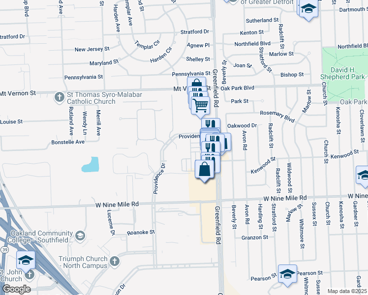 map of restaurants, bars, coffee shops, grocery stores, and more near 15667 Stone Crossing Drive in Southfield