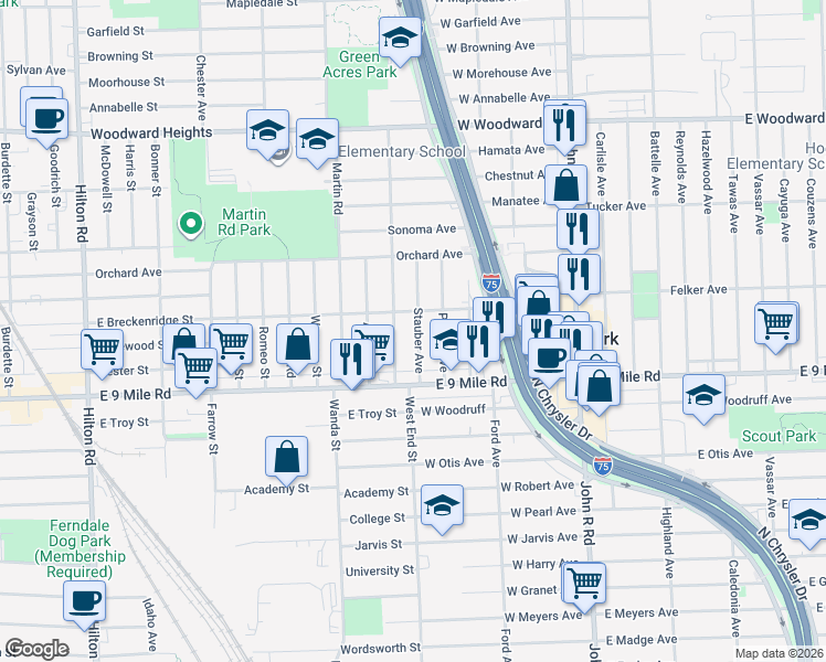 map of restaurants, bars, coffee shops, grocery stores, and more near 23303 Stauber Avenue in Hazel Park