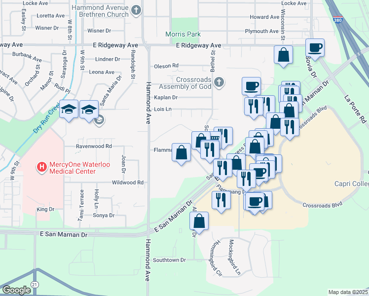 map of restaurants, bars, coffee shops, grocery stores, and more near 3451 Hammond Avenue in Waterloo