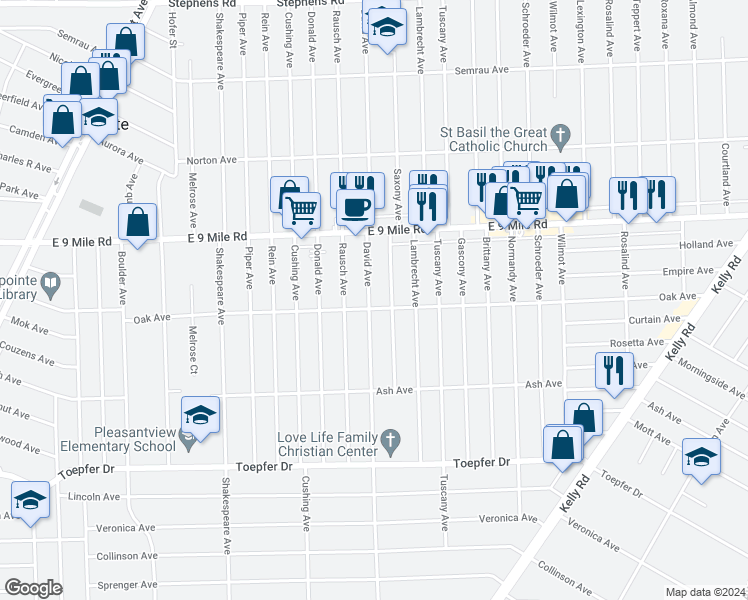 map of restaurants, bars, coffee shops, grocery stores, and more near 22410 David Avenue in Eastpointe