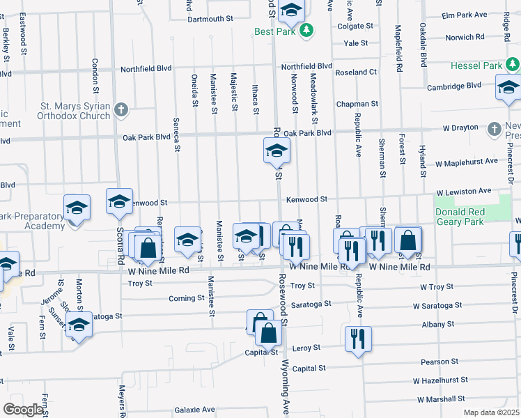 map of restaurants, bars, coffee shops, grocery stores, and more near 23280 Ithaca Street in Oak Park