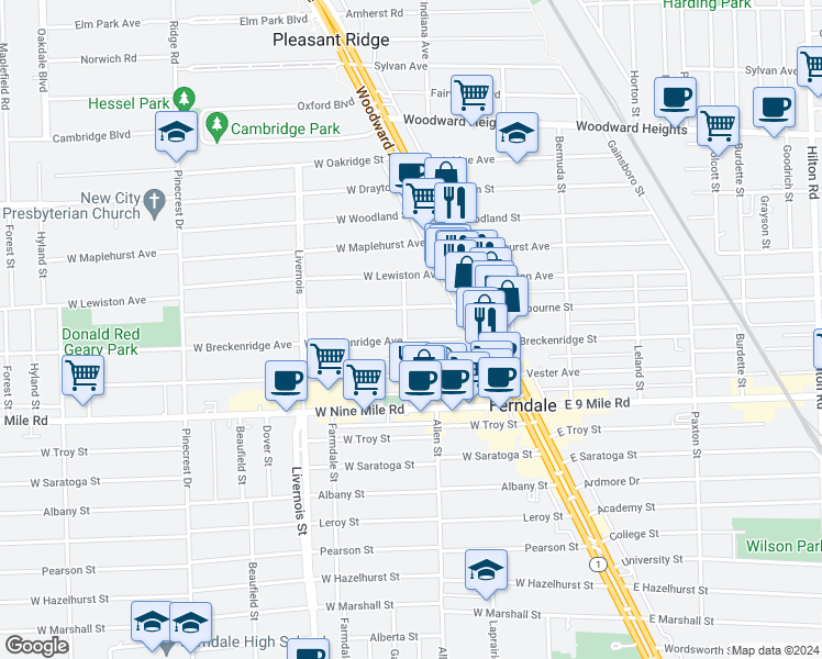 map of restaurants, bars, coffee shops, grocery stores, and more near 346 West Breckenridge Street in Ferndale
