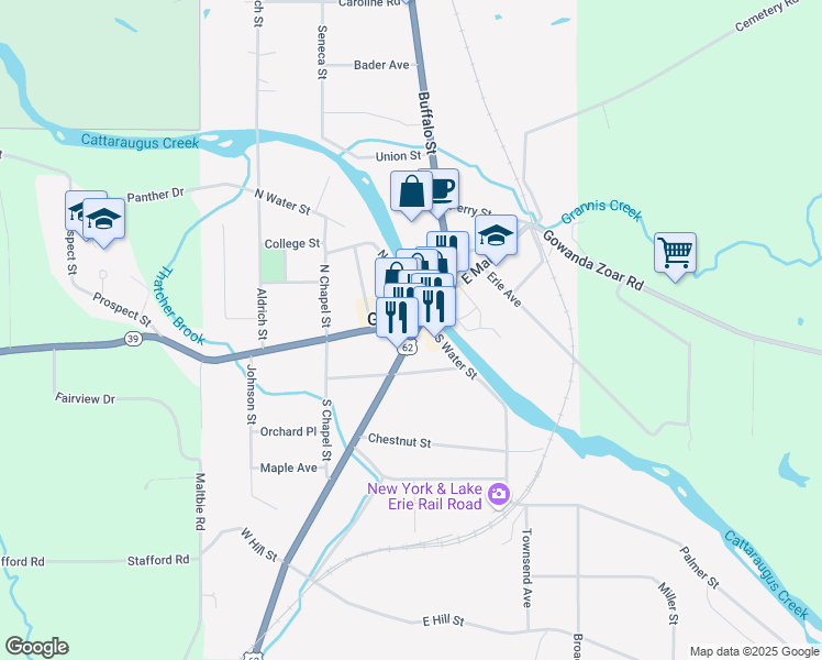map of restaurants, bars, coffee shops, grocery stores, and more near 8 West Main Street in Gowanda