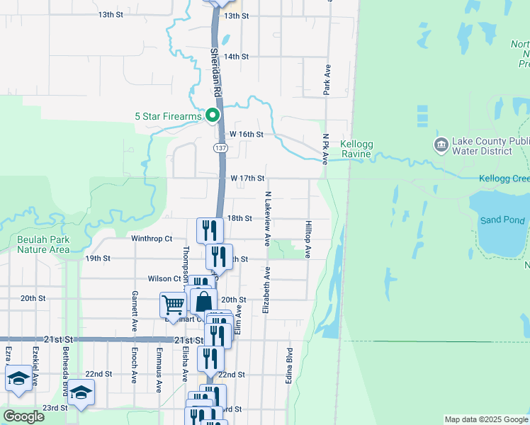 map of restaurants, bars, coffee shops, grocery stores, and more near 41454 North Lakeview Avenue in Zion