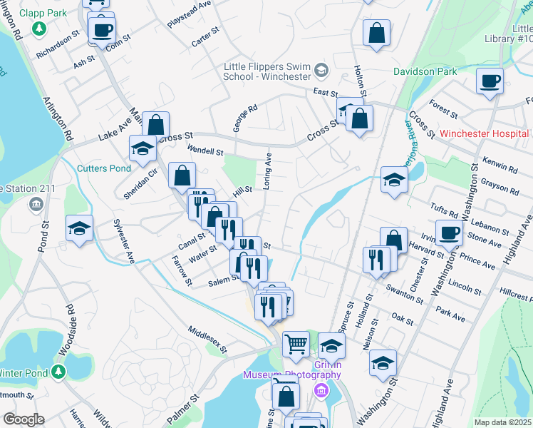 map of restaurants, bars, coffee shops, grocery stores, and more near 37 Loring Avenue in Winchester