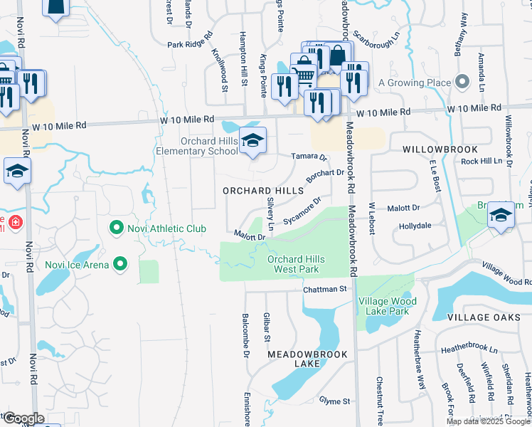 map of restaurants, bars, coffee shops, grocery stores, and more near 41911 Aspen Drive in Novi