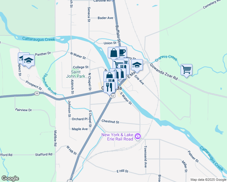 map of restaurants, bars, coffee shops, grocery stores, and more near 8 West Main Street in Gowanda