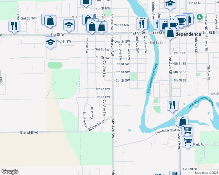 map of restaurants, bars, coffee shops, grocery stores, and more near 601-699 7th St SW in Independence