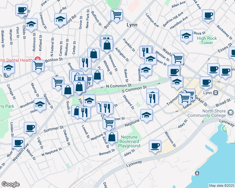 map of restaurants, bars, coffee shops, grocery stores, and more near 117 North Common Street in Lynn