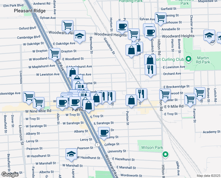 map of restaurants, bars, coffee shops, grocery stores, and more near 443 East Cambourne Street in Ferndale