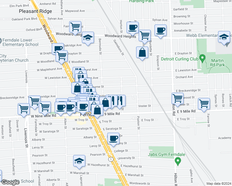 map of restaurants, bars, coffee shops, grocery stores, and more near 371 East Cambourne Street in Ferndale
