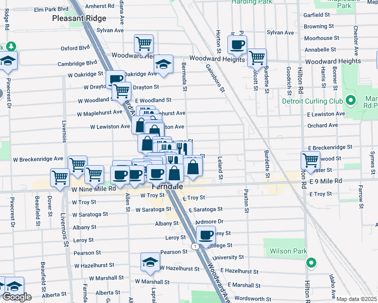 map of restaurants, bars, coffee shops, grocery stores, and more near 271 East Cambourne Street in Ferndale