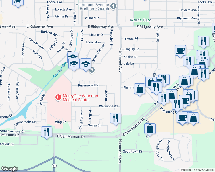 map of restaurants, bars, coffee shops, grocery stores, and more near 1303 Ravenwood Road in Waterloo