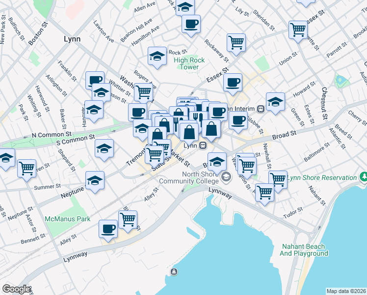 map of restaurants, bars, coffee shops, grocery stores, and more near 173 Oxford Street in Lynn