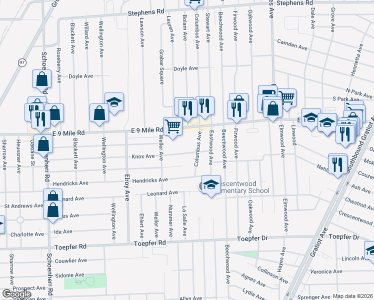 map of restaurants, bars, coffee shops, grocery stores, and more near 14374 East 9 Mile Road in Warren