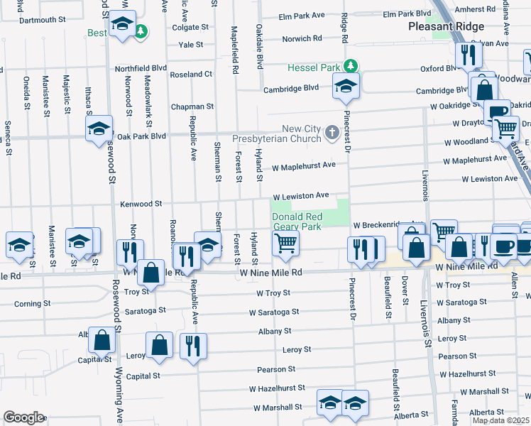 map of restaurants, bars, coffee shops, grocery stores, and more near 1055 West Lewiston Avenue in Ferndale