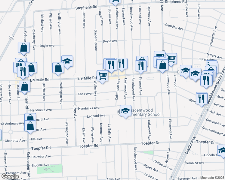map of restaurants, bars, coffee shops, grocery stores, and more near 14374 East 9 Mile Road in Warren